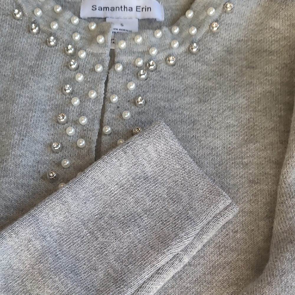 Chic Gray Pearl-Embellished Cardigan - Picture 9 of 12